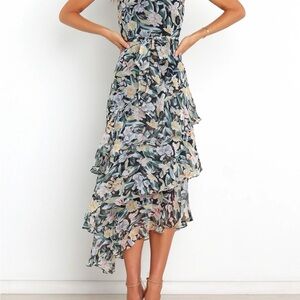 Petal & Pup Floral Ruffle Midi Dress in Green and Cream